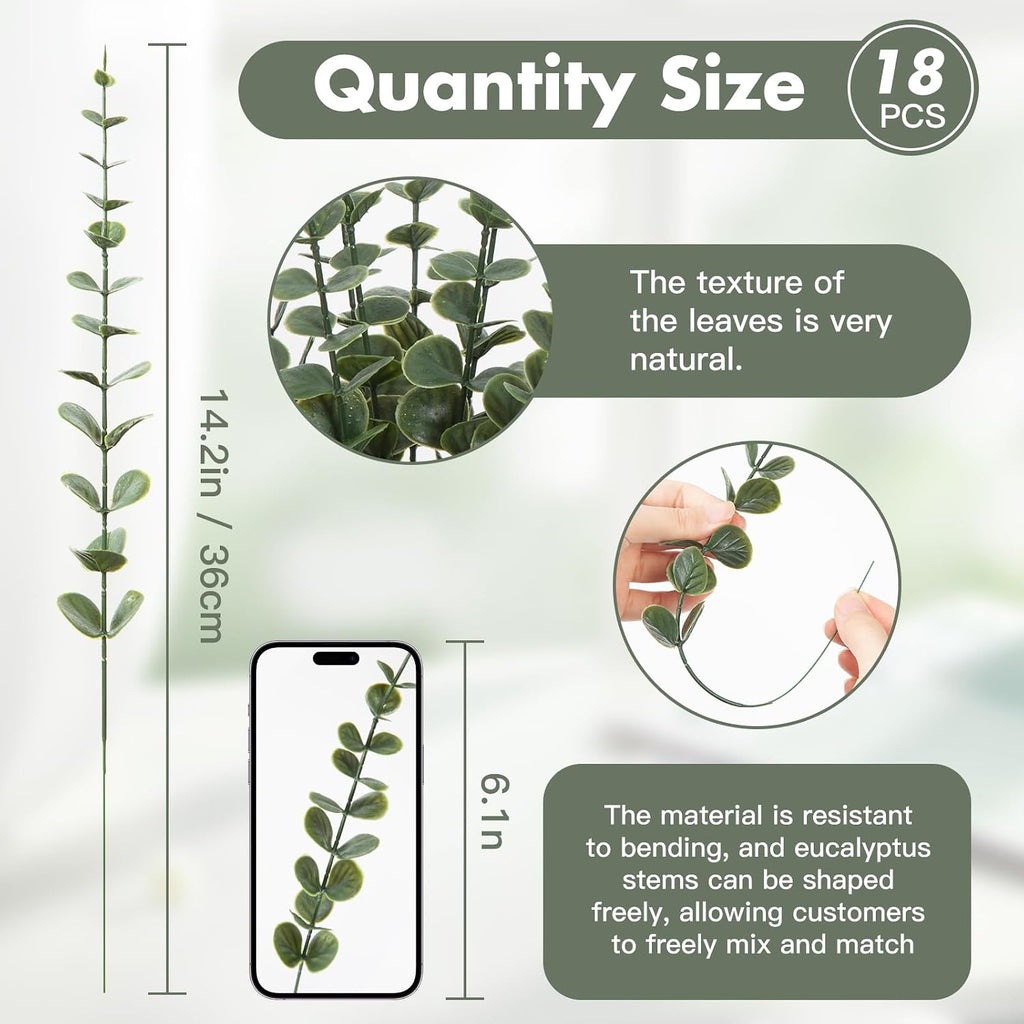 18pcs Eucalyptus Stems Dark Green Greenery Stems Fake Leaves Artificial Flowers Bouquet Faux Branches Centerpiece Flores Plants for Home Party Decor Wedding Decoration