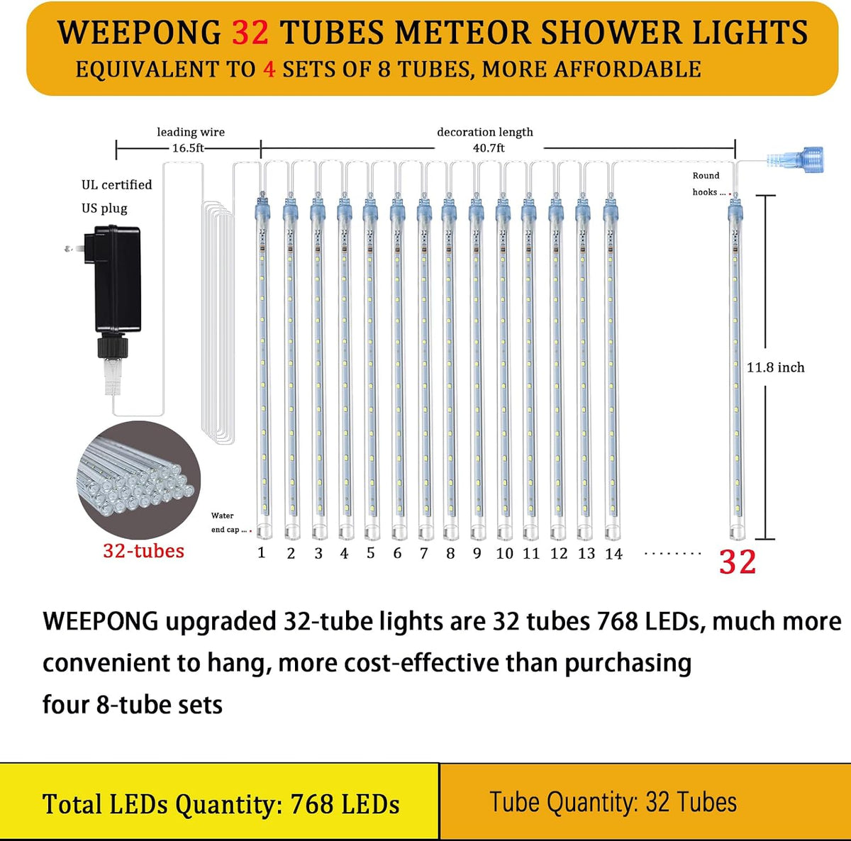 Weepong Christmas Lights Outdoor 32 Tubes 768LEDs Meteor Shower Lights Blue