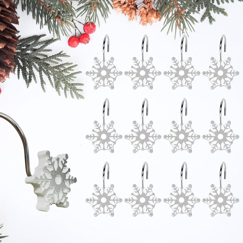12pcs Christmas Snowflake Shower Curtain Hooks for Winter Snowman Snow Themed Shower Curtains Bathroom Decorations, Silver Rustproof Resin Country Farmhouse Xmas Theme Bathroom Decor Accessories Set