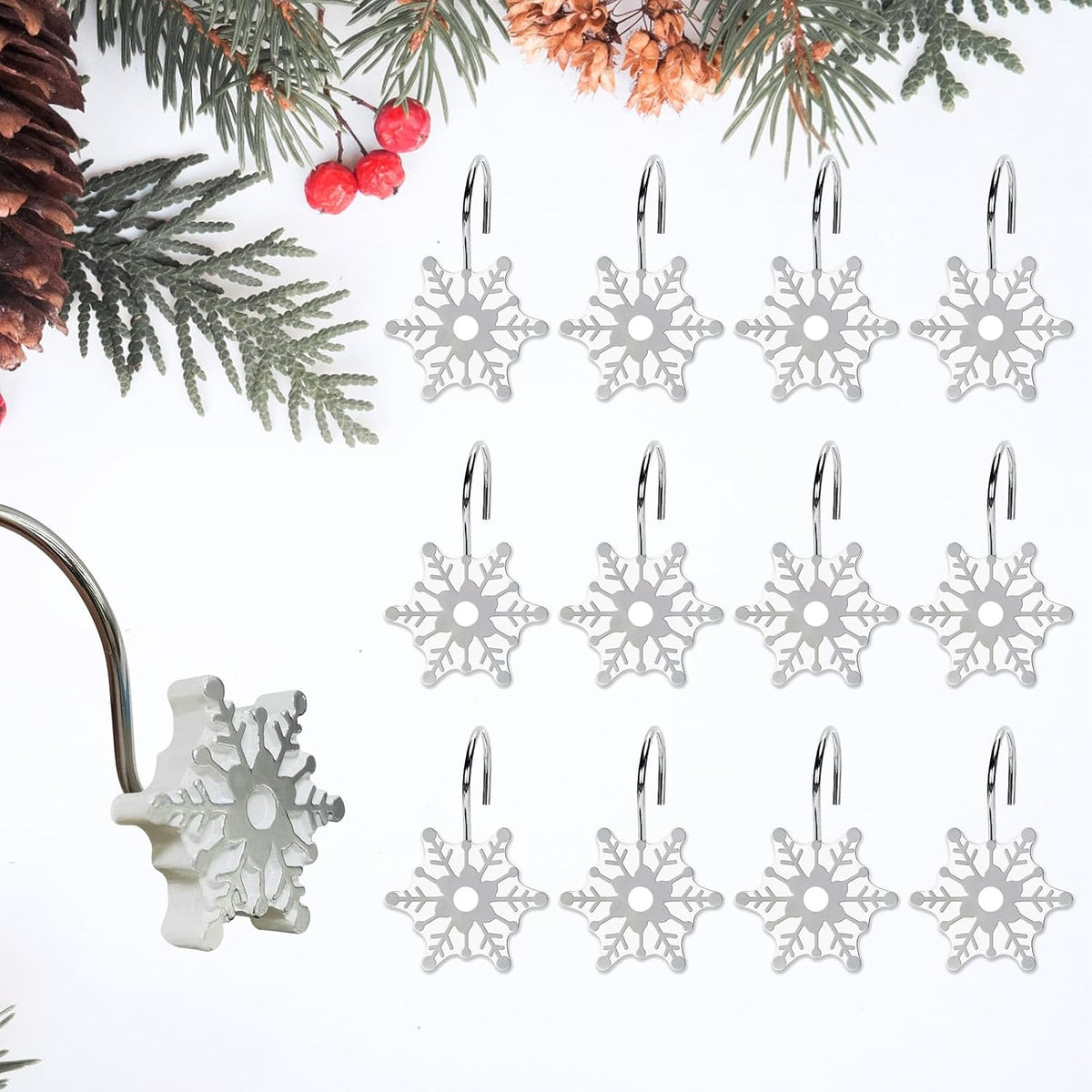 12pcs Christmas Snowflake Shower Curtain Hooks for Winter Snowman Snow Themed Shower Curtains Bathroom Decorations, Silver Rustproof Resin Country Farmhouse Xmas Theme Bathroom Decor Accessories Set