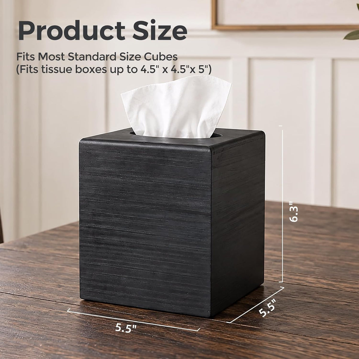 Black Wood Tissue Box Cover, Square Wooden Tissue Box Holder for Bathroom
