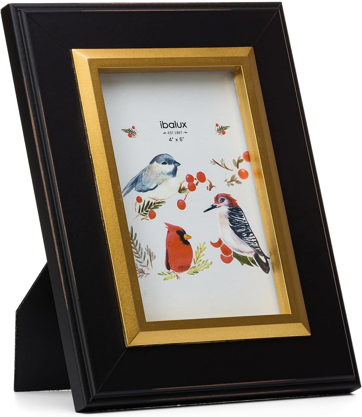 4x6 Black Wood Picture Frame with Real Glass, Gold Inner Border, Vertical and Horizontal for Tabletop or Wall Hanging