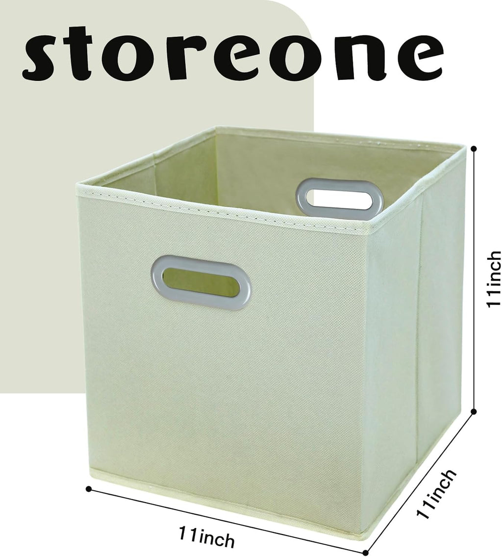 STOREONE Fabric Storage Bins Cubes Baskets Containers-(11X11X11) with Dual Handles Cube Storage Organizer Bins for Shelf Closet, Bedroom Organizers, Foldable Set of 3 (Creamy- White )