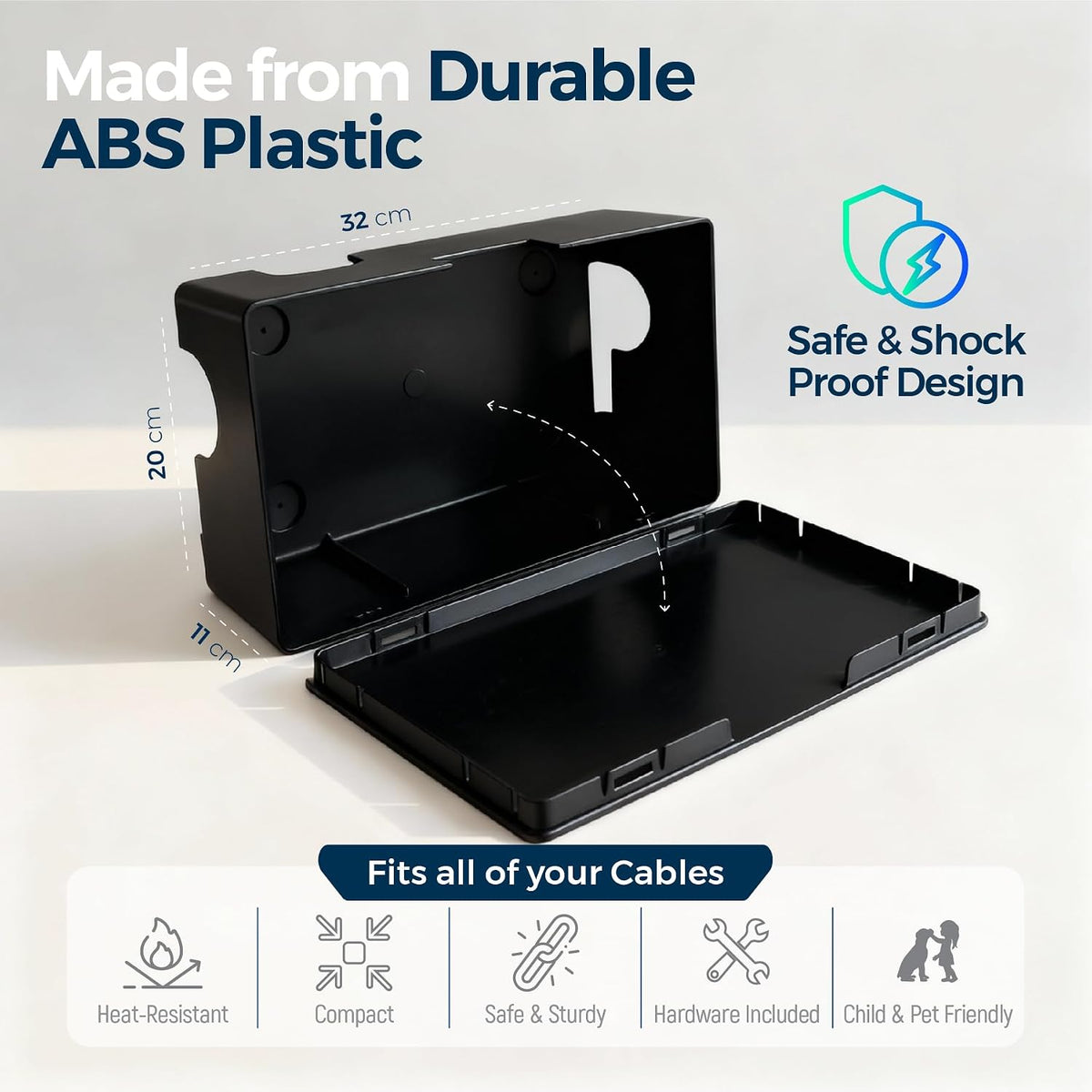 Cable Management Box ABS 12.6x7.9x4.5in, Black, Mounting Kit Included