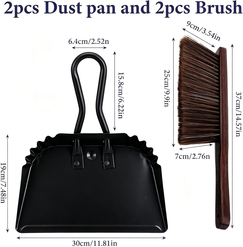 4Pcs Dust Pan and Brush Set, Heavy Duty Metal Dustpan with Wood Broom, Large 12In Black Iron Dust Pans, Handheld Broom for Pet Hair, Car, Patio, Office, Home Cleaning - Rubber Coated Handle