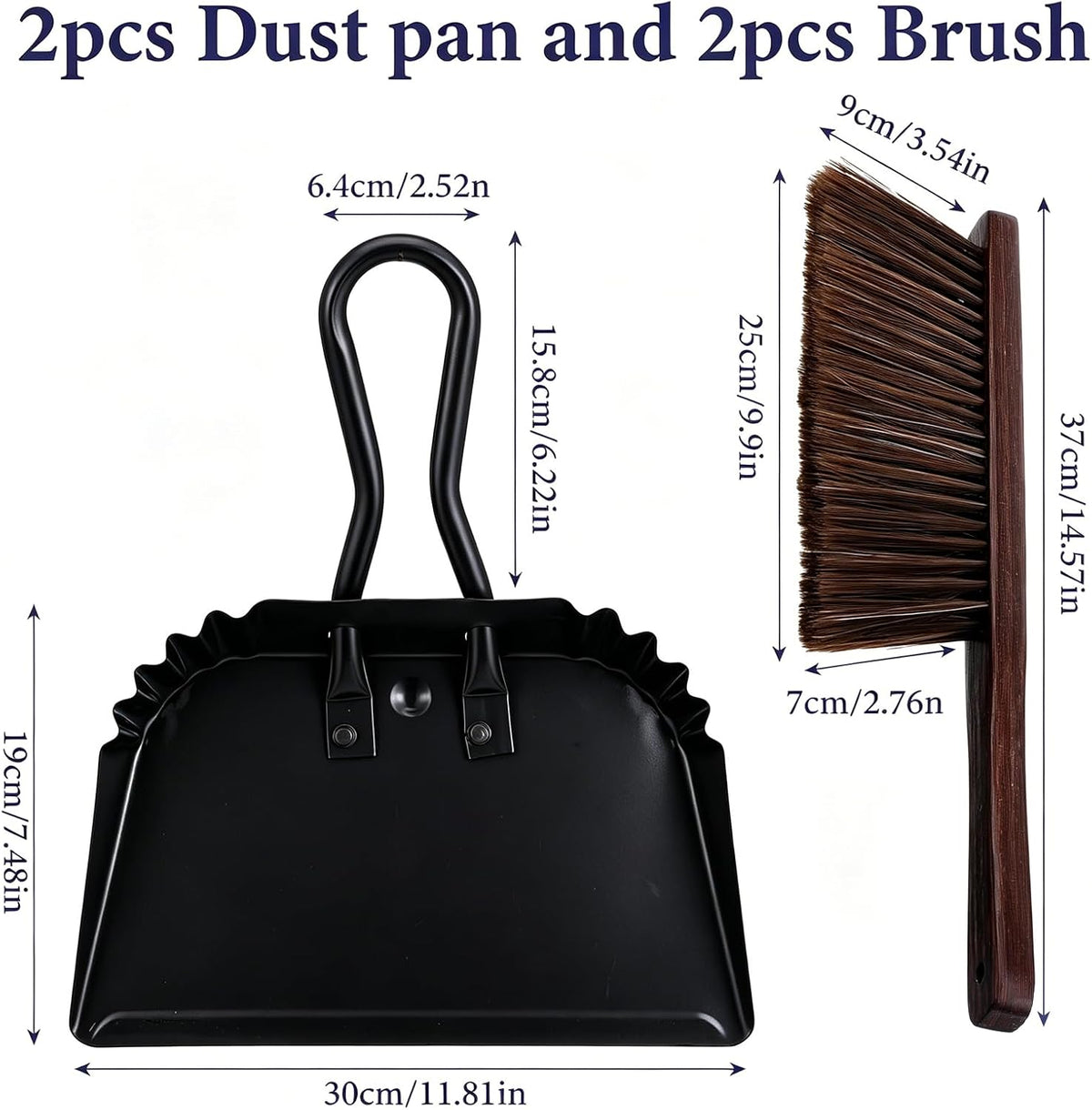 4Pcs Dust Pan and Brush Set, Heavy Duty Metal Dustpan with Wood Broom, Large 12In Black Iron Dust Pans, Handheld Broom for Pet Hair, Car, Patio, Office, Home Cleaning - Rubber Coated Handle