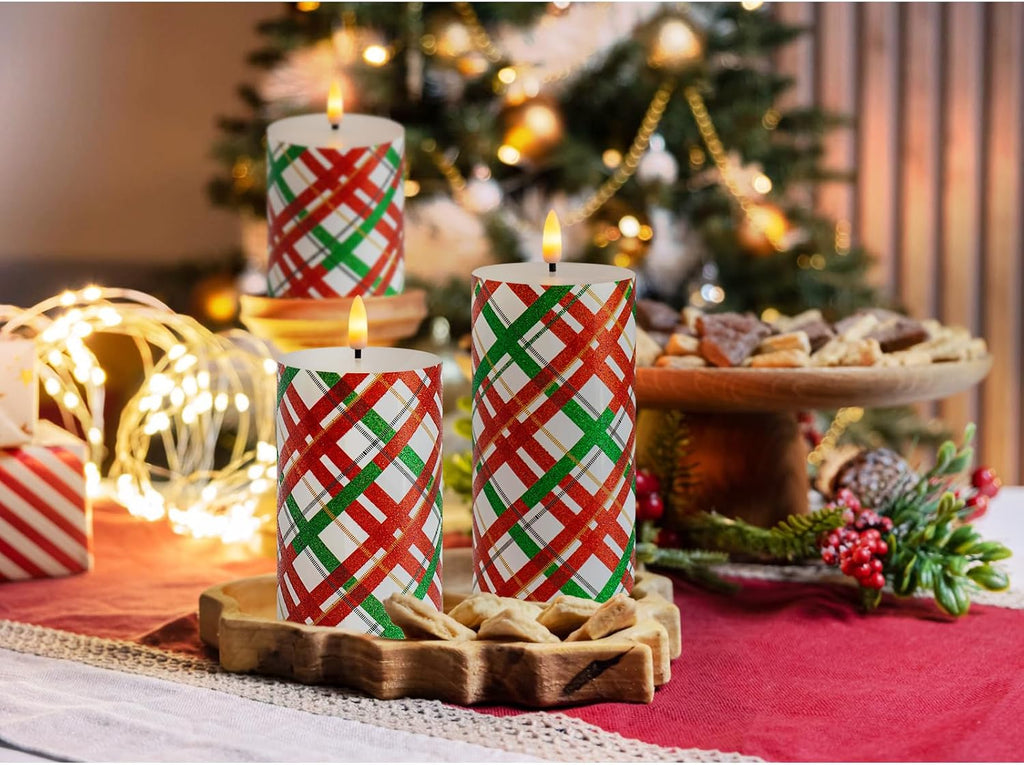 Christmas LED Flameless Candles, Red Green Striped Real Wax Candles with Timer, Battery Operated Pillar Set of 3 for Home Christmas Party Decor (D3 x H4 5" 6")