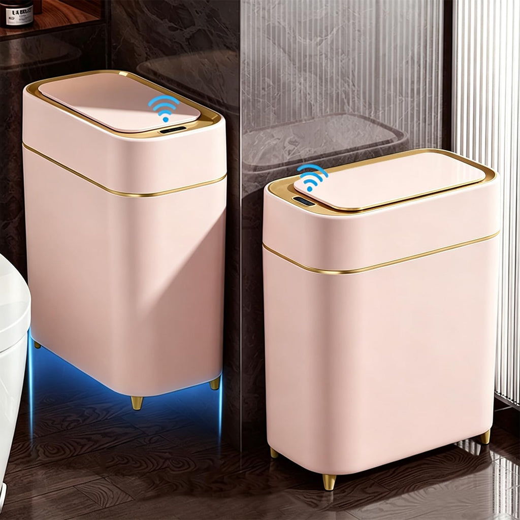 2-Pack Automatic Bathroom Trash Can with Lid, Slim Motion Sensor Garbage Can, Waterproof Touchless Trash Bin, Smart Trashcan for Bedroom, Living Room, Narrow Space, 2.3 Gallon, Pink+Gold Trim