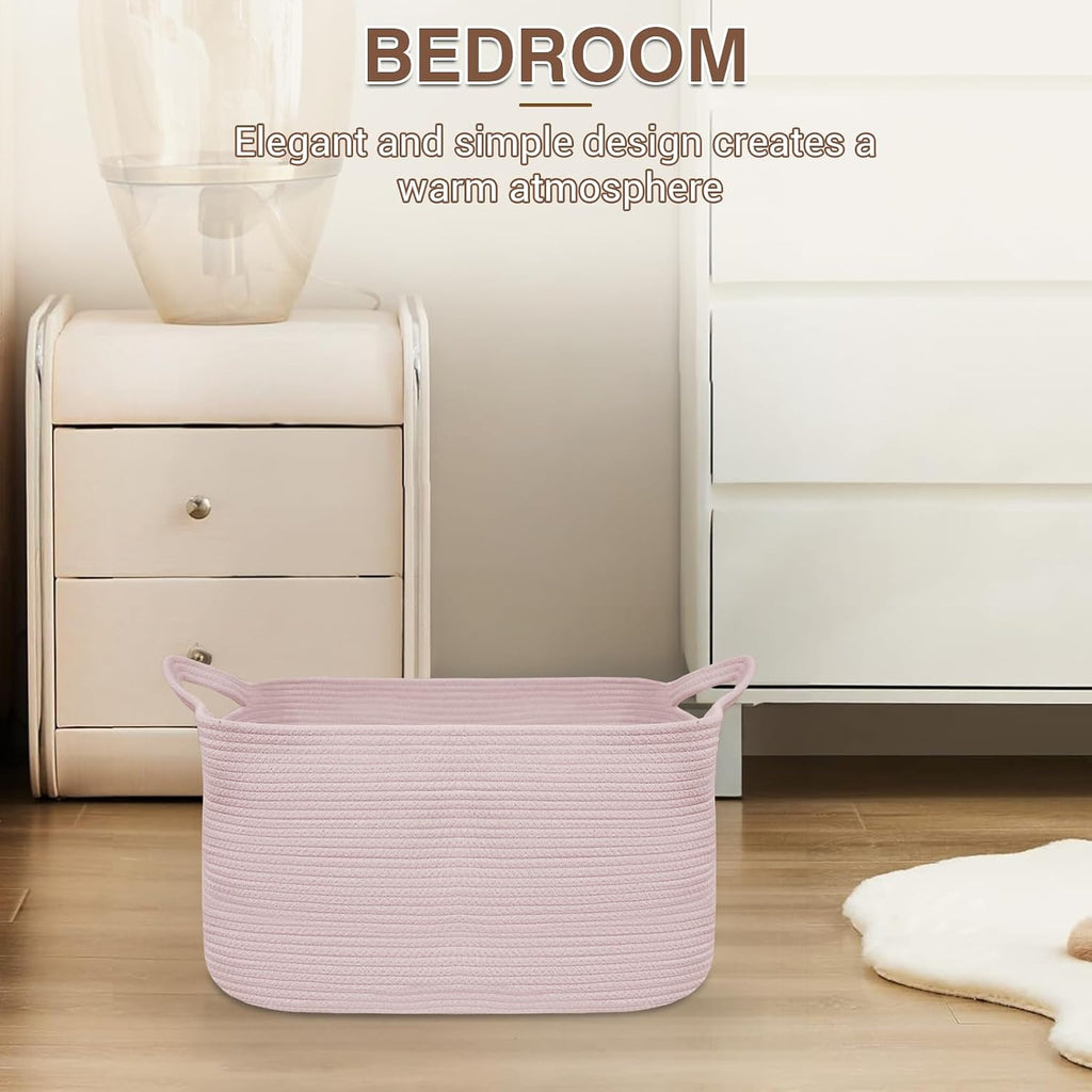 YOUDENOVA Large Blanket Basket, Rectangle Cotton Rope Storage Basket, Pink