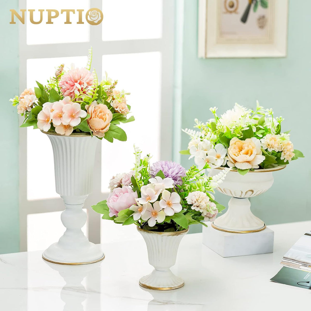 NUPTIO White Compote Vase Centerpiece: Metal Urn Planter, 4.96" Tall, 2 Pcs