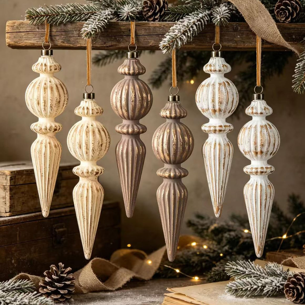 Vintage Finial Christmas Ornaments, 6Pcs Neutral Shatterproof Xmas Tree Ornaments(Modern Color)
