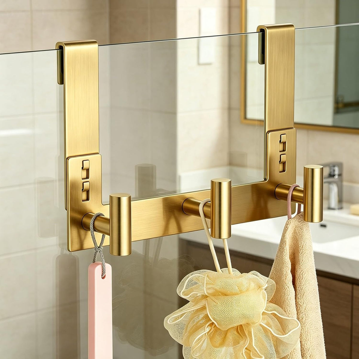 PMMASTO Gold Extra-Long Shower Door Hanger, 3 T-Hooks, Fits 3/8-Inch Glass