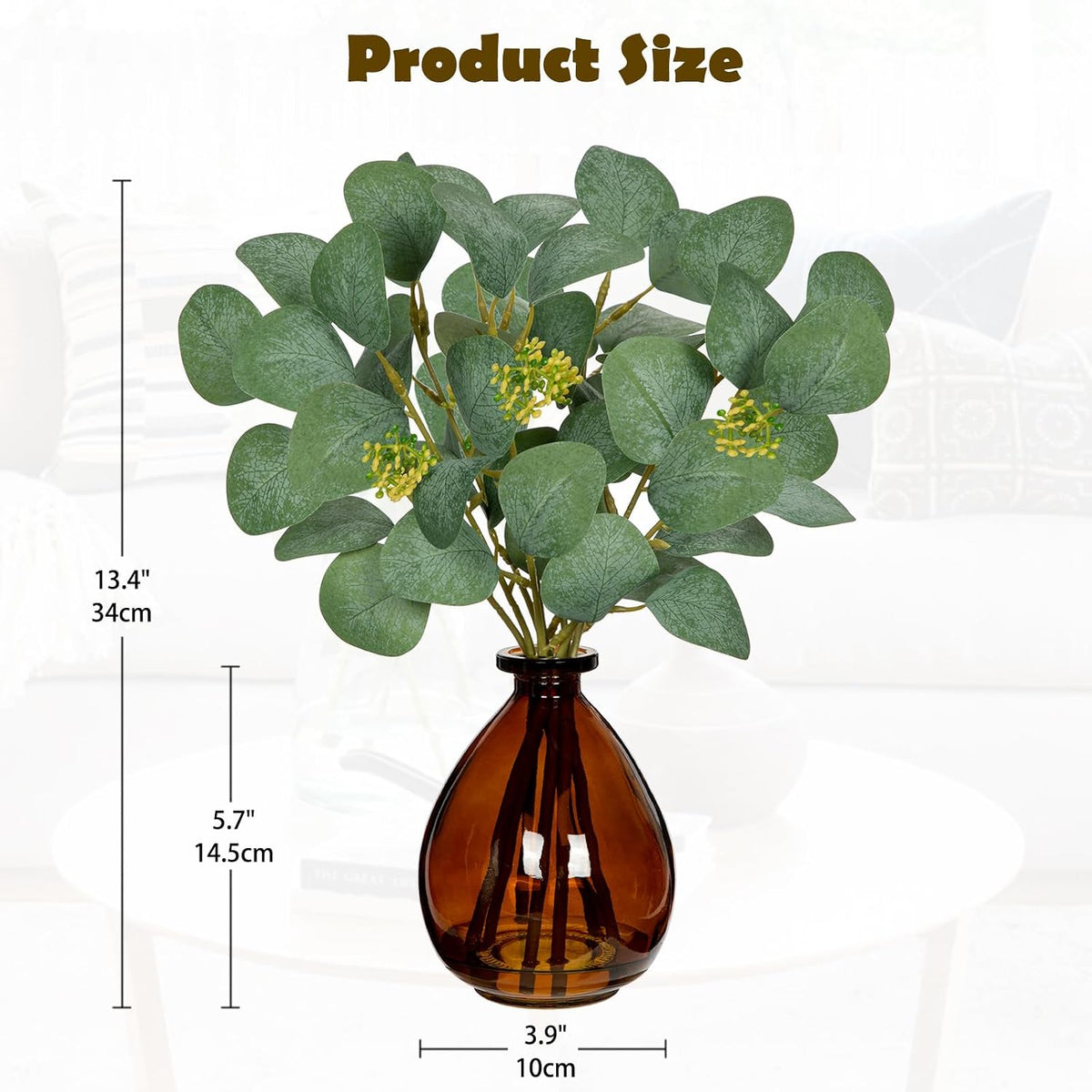 DILATATA Artificial Eucalyptus Stems in Glass Vase with Faux Water, 13" Fake Plant Eucalyptus Leaves Greenery for Table Centerpiece Office Home Decor - Amber