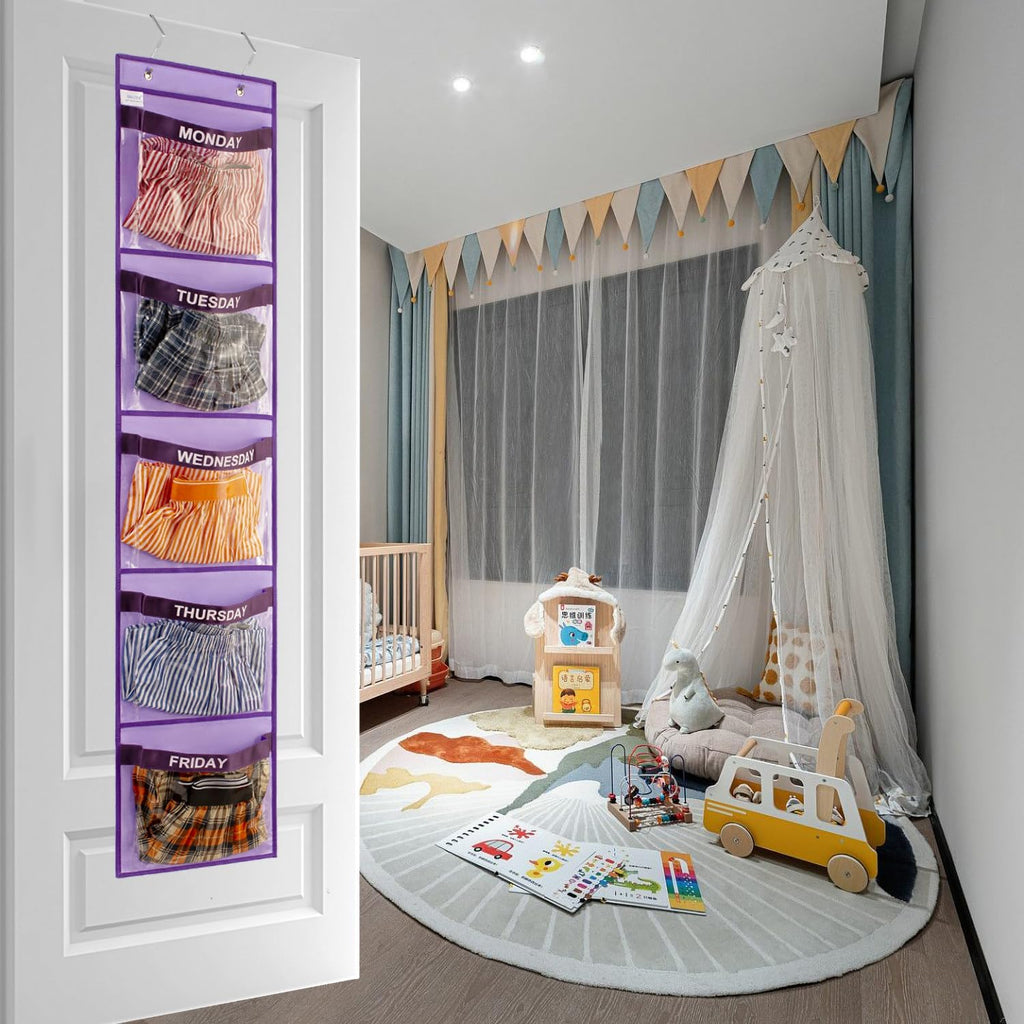 Day of Week Kids Clothes Organizer Weekly Hanging Closet Organizer Monday to Friday School Clothing Storage (PURPLE)