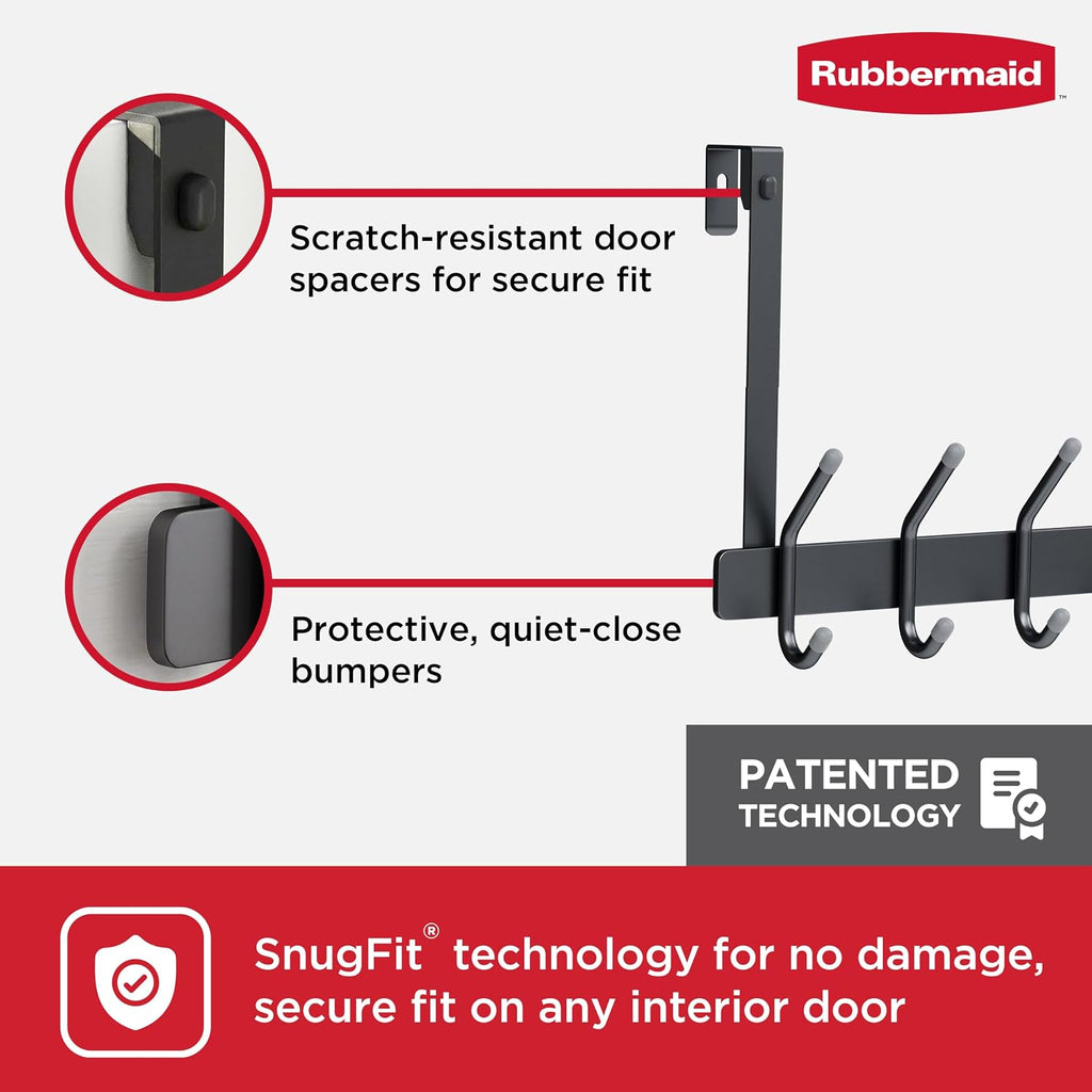 Rubbermaid Over the Door Hook Rack with 5 Double Hooks, No Drill Needed, for Towels, Robes, Hanging Accessories in Bathroom, Bedroom, Closet, Dorm, Gray