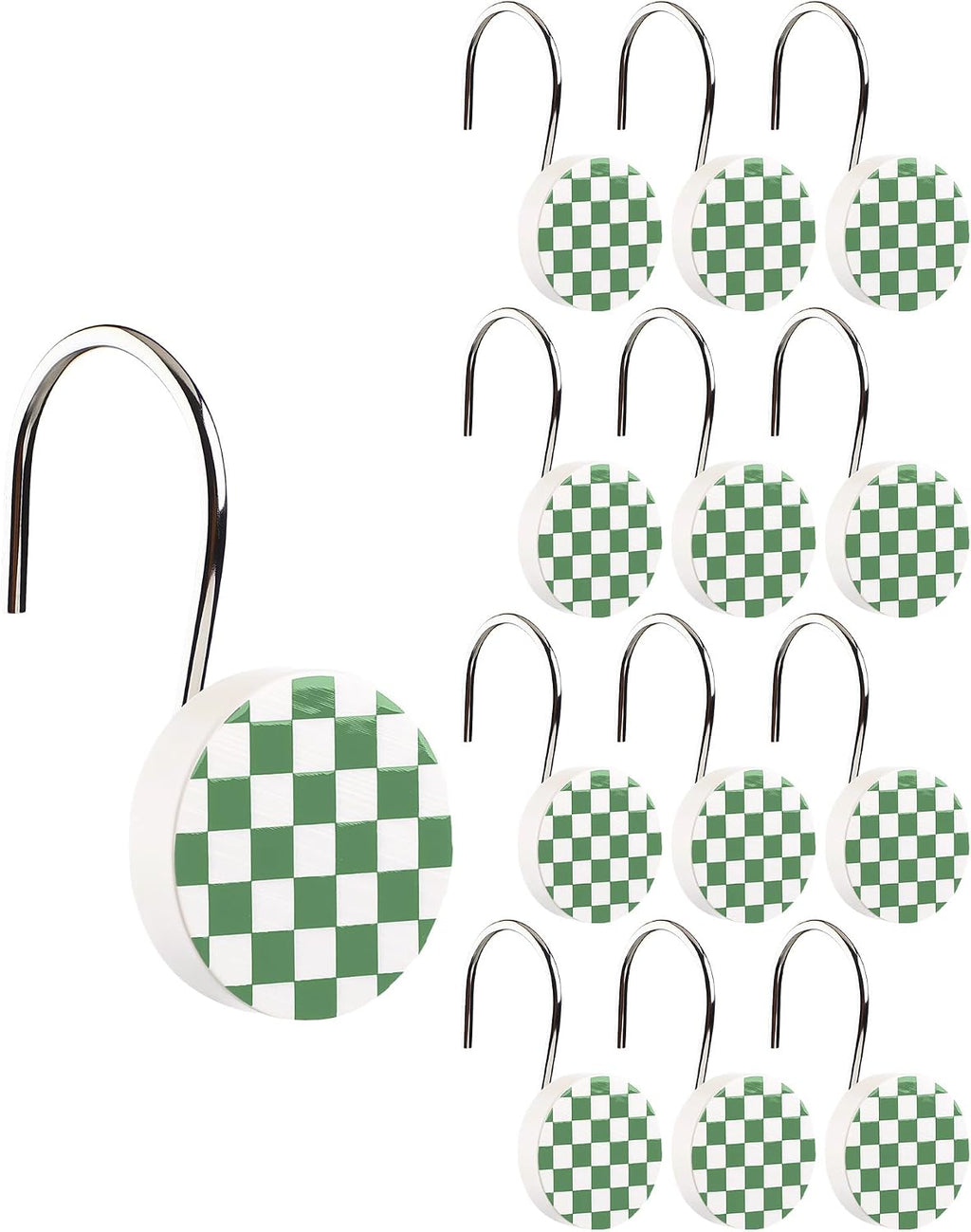 Yalikop Rustic Checkered Shower Curtain Hooks Set of 12 Retro Sage Green and White Round Shower Curtain Rings Modern Decorative Hanger Rings with Metal Hooks for Bathroom Rod and Liner