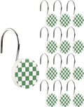 Yalikop Rustic Checkered Shower Curtain Hooks Set of 12 Retro Sage Green and White Round Shower Curtain Rings Modern Decorative Hanger Rings with Metal Hooks for Bathroom Rod and Liner