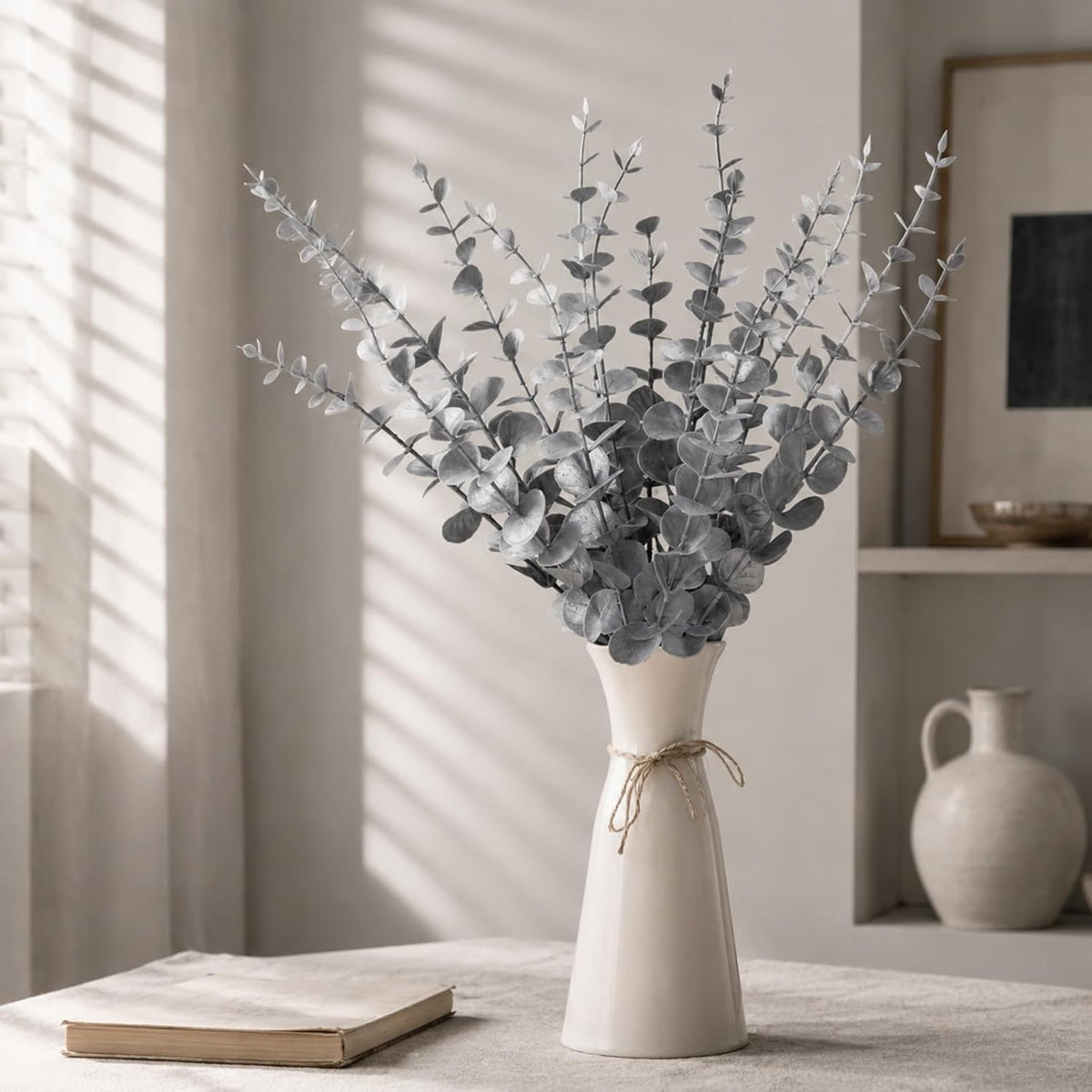 18 Pcs Artificial Eucalyptus Stems Frosted Silver Leaves Fake Greenery Branches Faux Flowers Bouquet for Home Decor Wedding Centerpiece Table Decoration