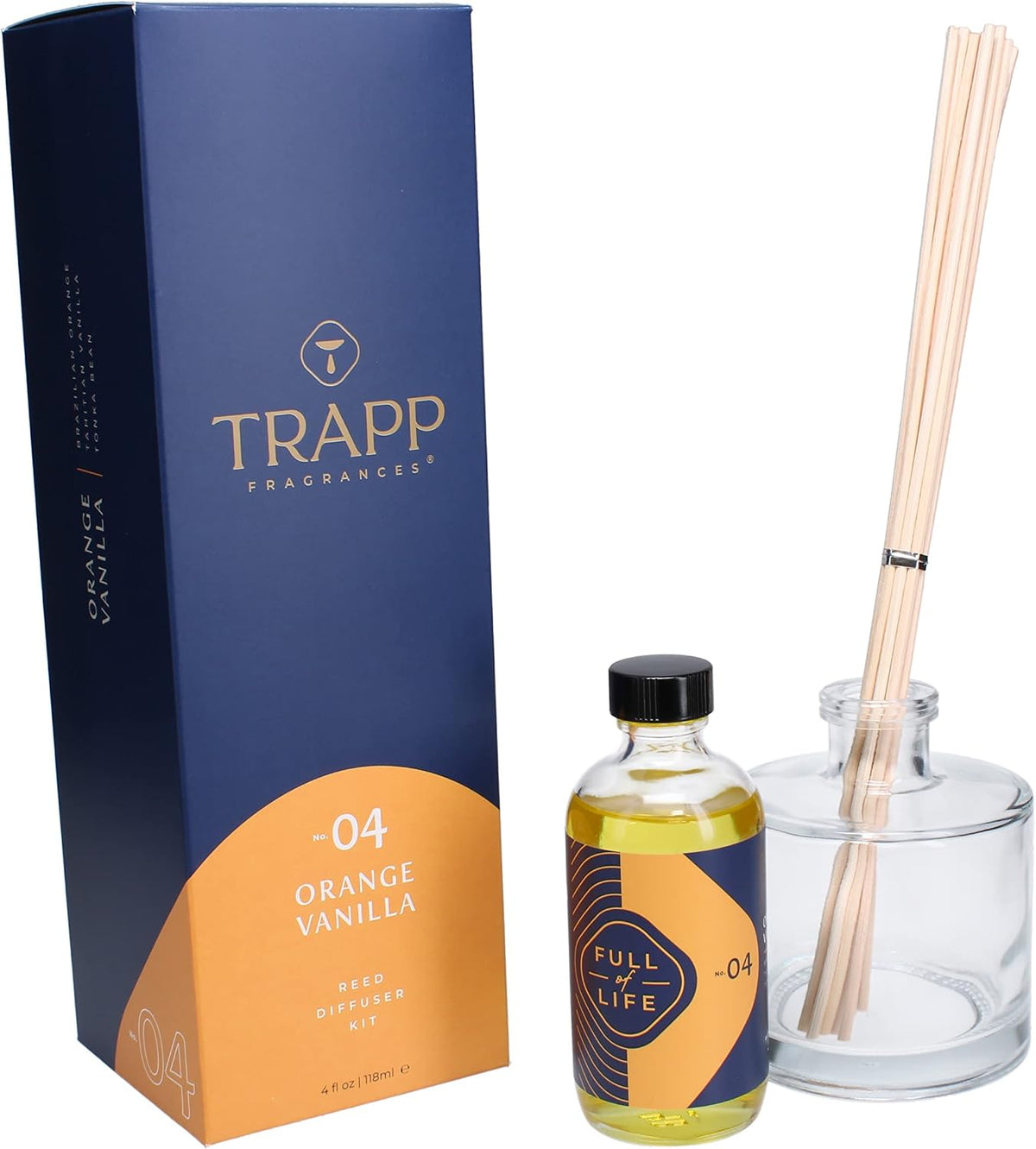Trapp - No. 04 Orange Vanilla - Reed Diffuser Kit - 2 Sets of 12 Reeds, Scented Diffuser Oil (4 oz.), Vase - Long Lasting Scent Notes of Brazilian Orange, Tahitian Vanilla, and Tonka Bean