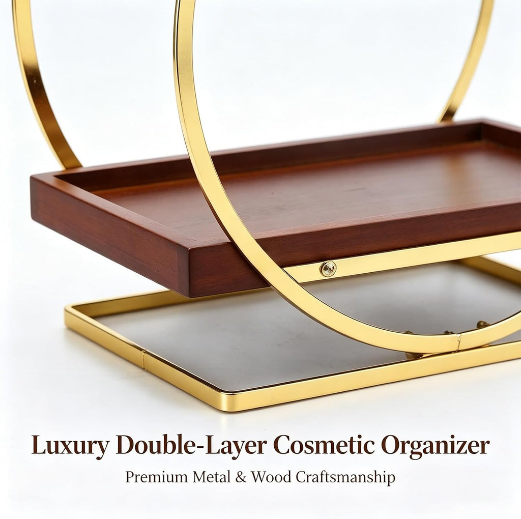 2-Tier Bathroom Organizer Countertop, Wooden Gold Perfume Organizer