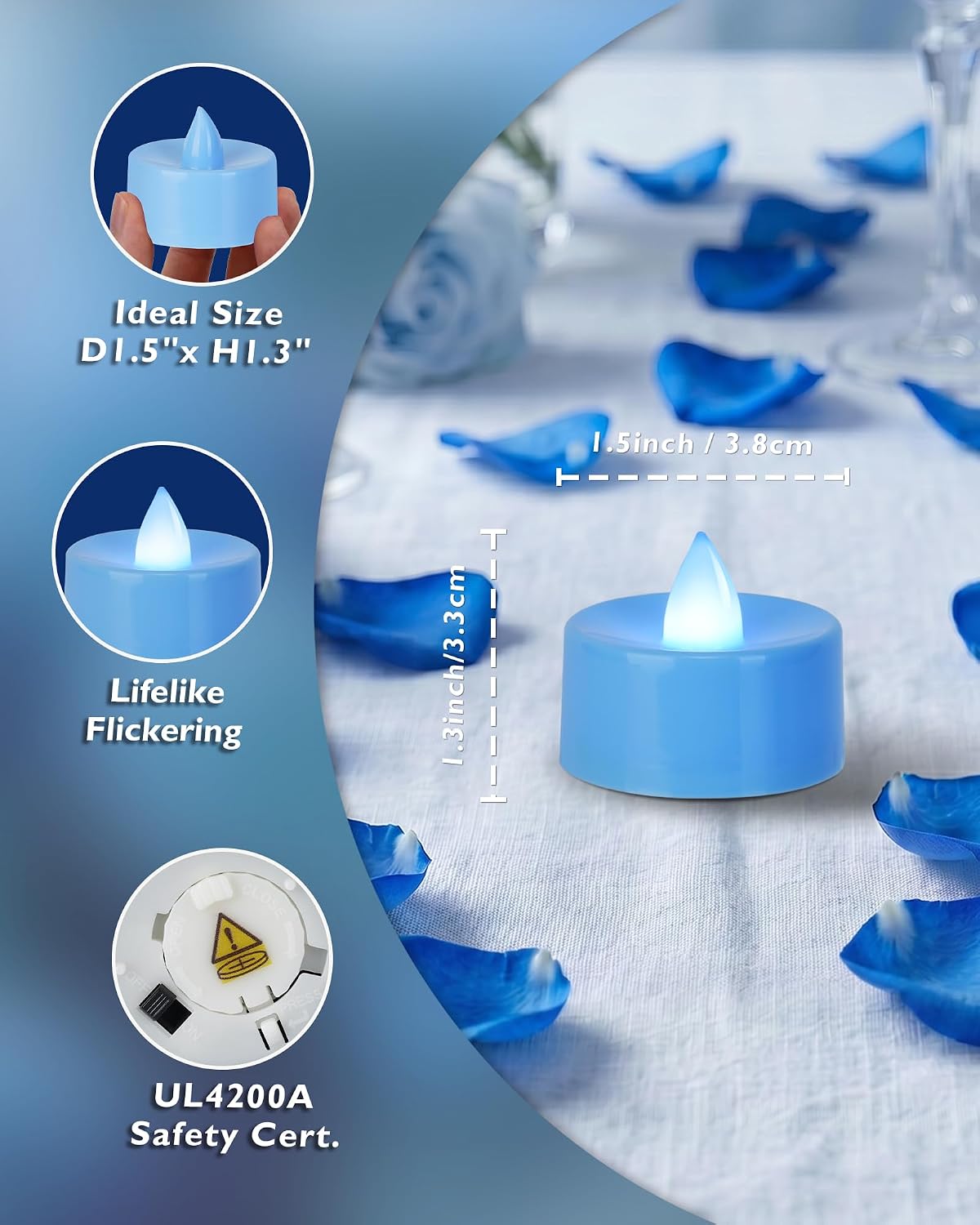 Homemory 50-Pack Light Blue Flameless Battery Tealight Candles, 200+ Hours