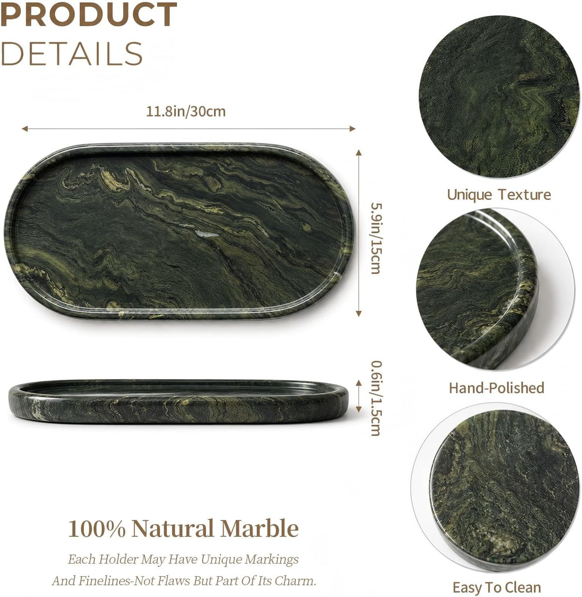 Genuine Real Natural Marble Vanity Tray for Bathroom, Dresser, Home Decor