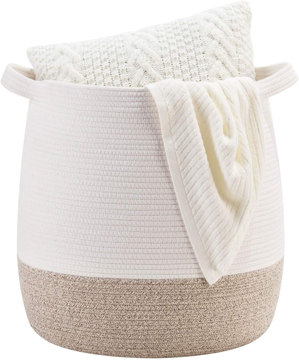 MINTWOOD Design Large 17 x 17 Inches Decorative Woven Cotton Rope Blanket Basket for Living Room, Laundry Basket Hamper, Storage Baskets with Handles for Toys, Throws, Pillows, Towels, Shoes, Brown