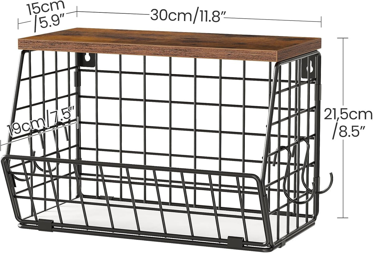 CHOEZON 2-Tier Fruit Basket for Kitchen, Stackable Hanging Basket Wire Baskets with Wooden Lid, Wall-Mounted Kitchen Counter Organizer for Fruit, Vegetable Storage, Rustic Brown and Black TCW02P2BF