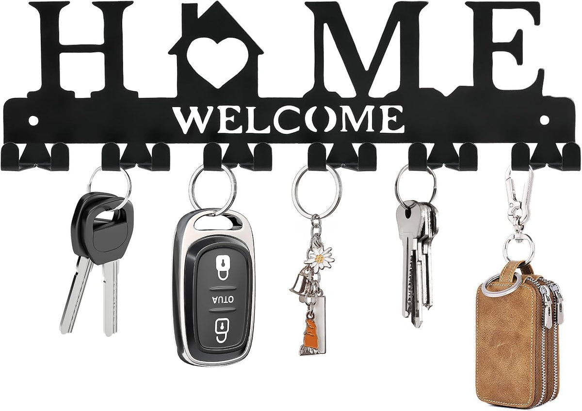 Key Holder Wall Mount, Adhesive Key Hanger with 12 Hooks, Black