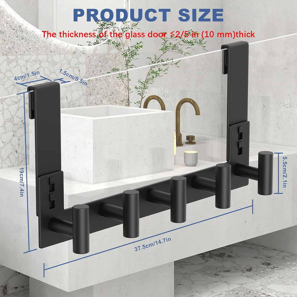 WUIVIUT Over The Shower Wall Hook, Shower Glass Door Hook Frameless fit for 3/8" (10mm) Thick, Towel Hold for Bathroom,Coat Hooks for Robe (T Shape, 5 Hook)