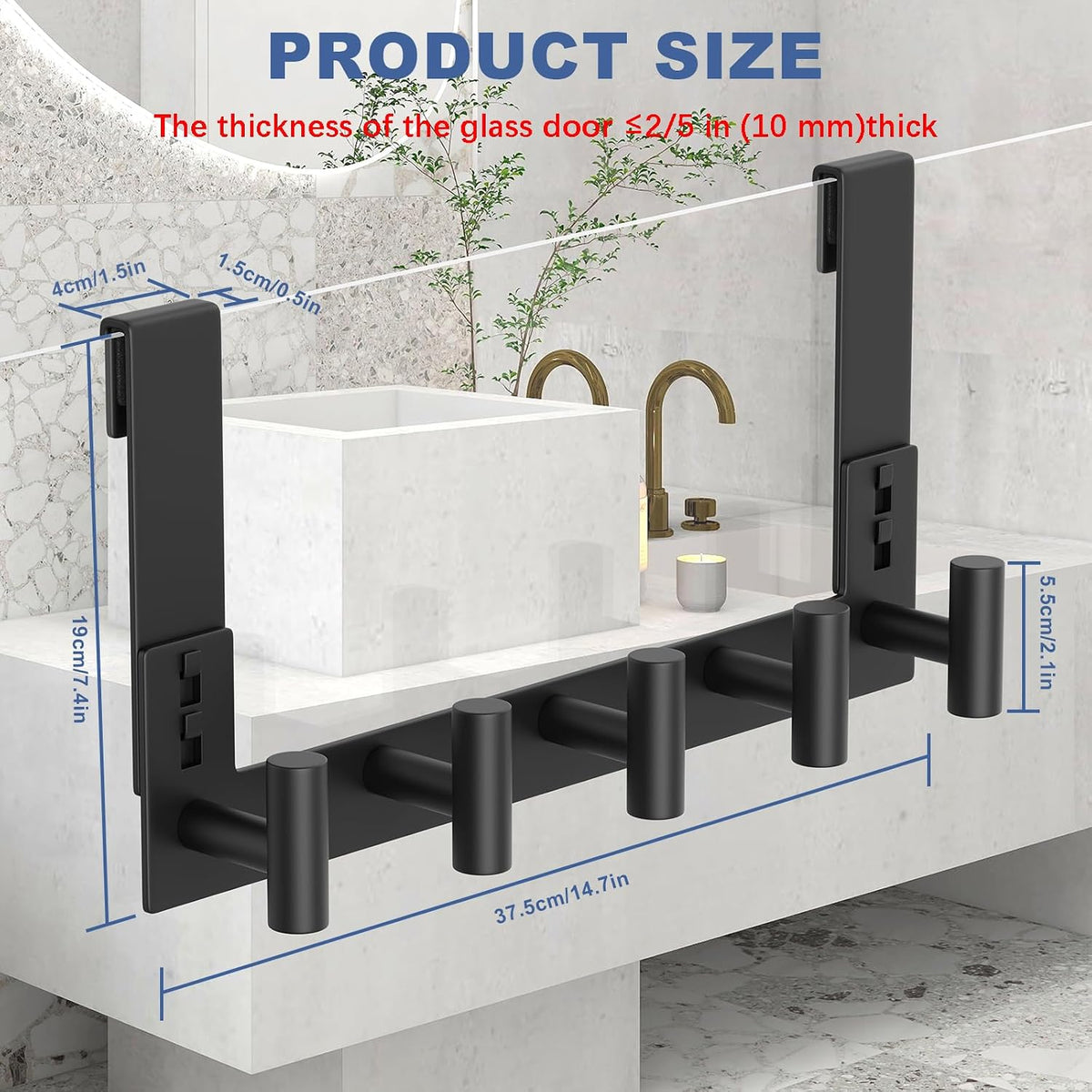 WUIVIUT Over The Shower Wall Hook, Shower Glass Door Hook Frameless fit for 3/8" (10mm) Thick, Towel Hold for Bathroom,Coat Hooks for Robe (T Shape, 5 Hook)
