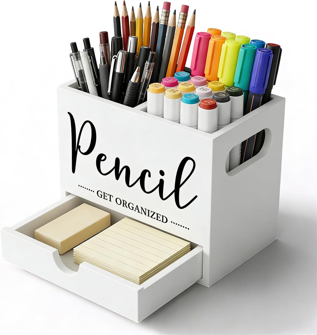 Pen Holder for Desk, Wood Pencil Organizer with Drawer, 2 Slots Dual-Purpose Desk Organizers Marker Holder Art Supplies for Home, Office(White)