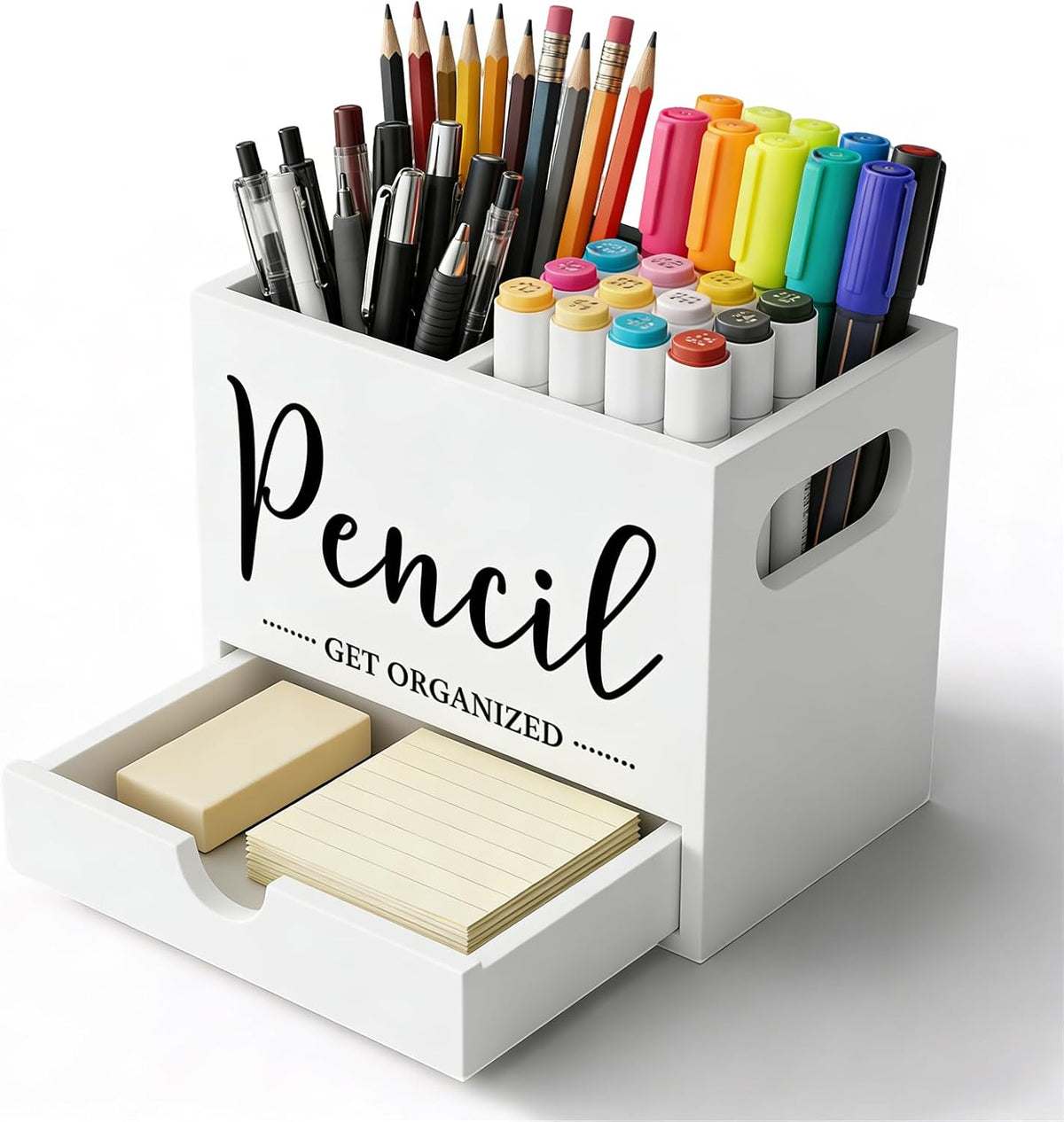 Pen Holder for Desk, Wood Pencil Organizer with Drawer, 2 Slots Dual-Purpose Desk Organizers Marker Holder Art Supplies for Home, Office(White)