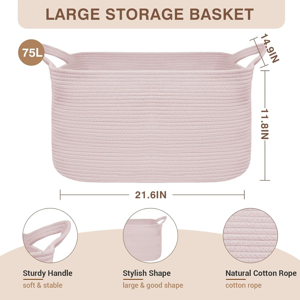 YOUDENOVA Large Blanket Basket, Rectangle Cotton Rope Storage Basket, Pink