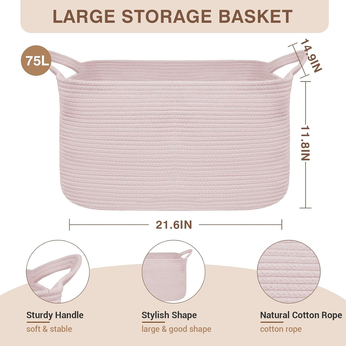 YOUDENOVA Large Blanket Basket, Rectangle Cotton Rope Storage Basket, Pink