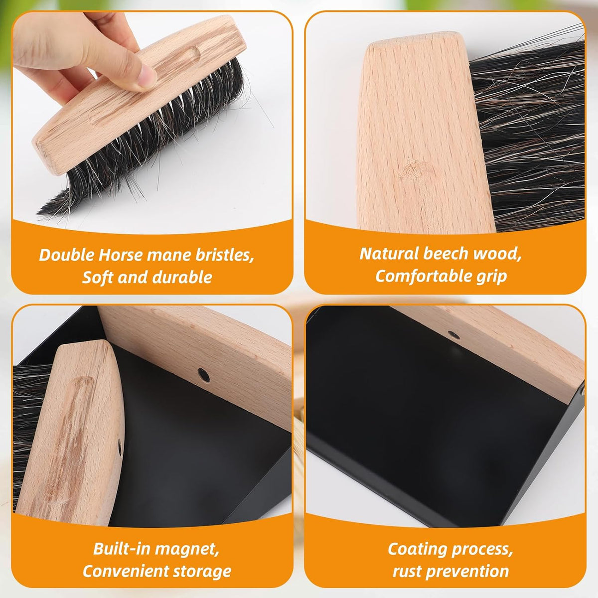 Small Dustpan and Brush Set with Wooden Handle,Mini Metal Crumb Sweeper for Countertops,Desk,Pet Hair,Car,Portable Cleaning Tools for Kitchen,Camping,Sofa (Black)