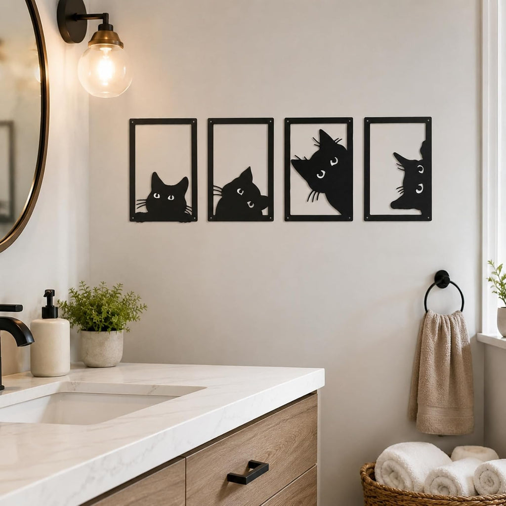 qzmaikoo 4 Pieces Metal Black Cat Wall Art Decor Metal Wall Decor Cat Wall Art for Living Room Bedroom Kitchen Bathroom Black Cat Design Ideal Gift for Cat Lovers,11.81x7.87 inches