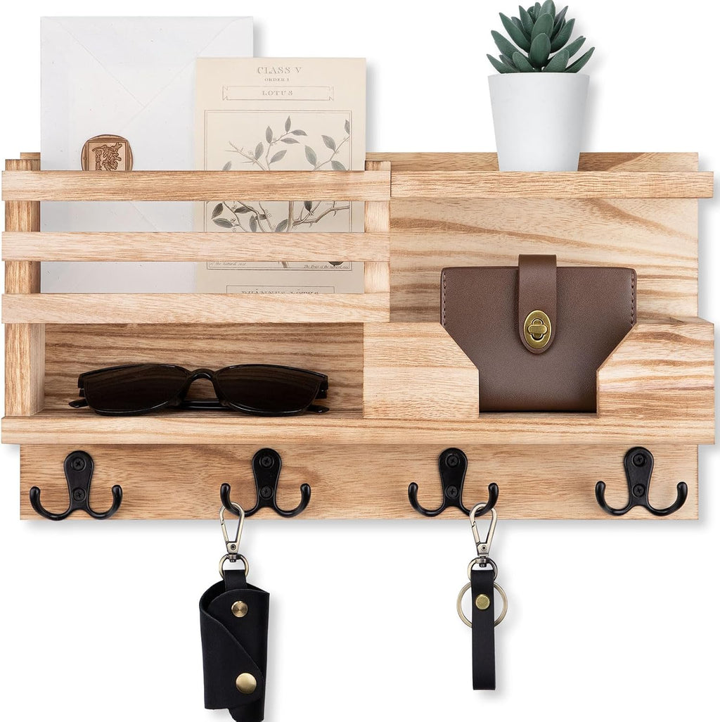 Lwenki Mail and Key Holder for Wall – Decorative 15.9” x 8.7” x 3.2” Entryway Organizer with Shelf – Paulownia Wood with 4 Dual Hooks Includes Mounting Hardware and Installation Guide (Wood)