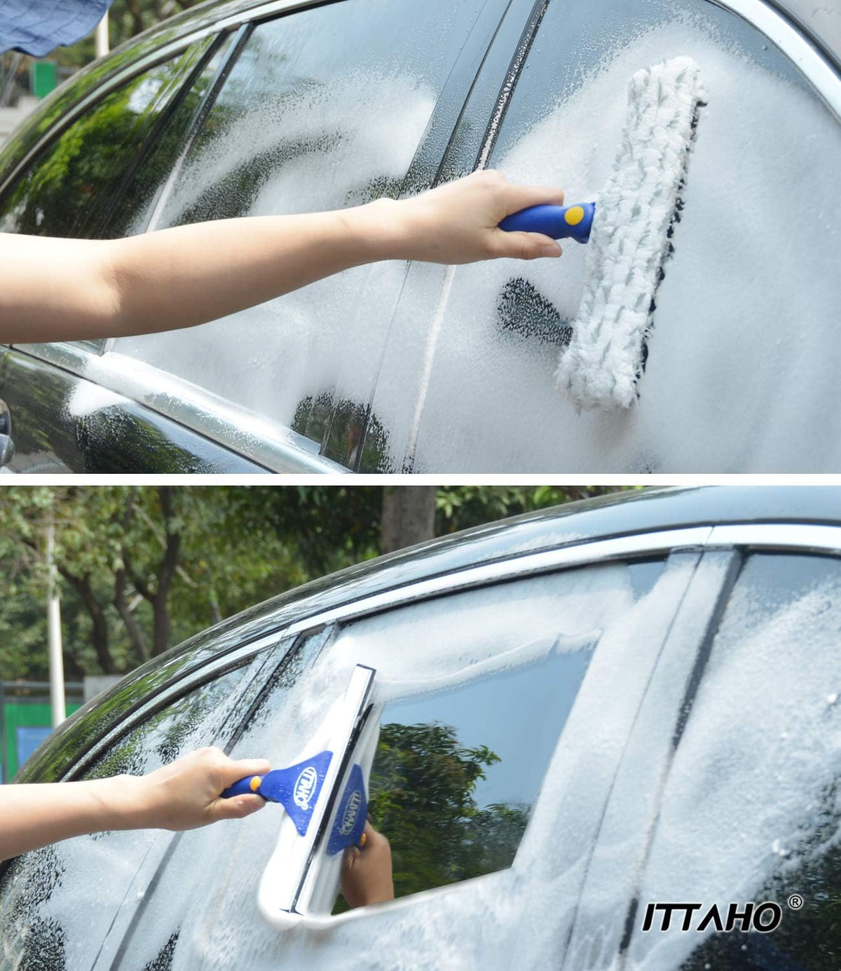 Window Squeegee with Extension Pole, Separate 12" Squeegee & 11" Microfiber Scrubber Heads, Window Cleaning Kit for Hard-to-Reach Windows, Shower Doors, Car Windshields, Indoor Outdoor-2 Pads