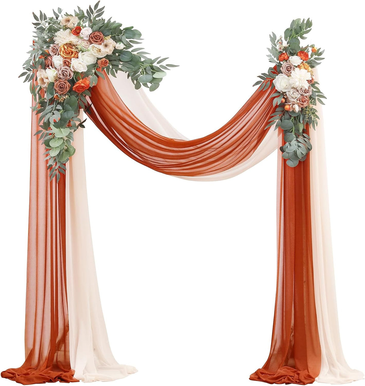 Floroom Arch Flowers with Drapes Kit (Pack of 4) - 2pcs Artificial Terracotta & Cream Floral Swag Arrangement with 2pcs Draping Fabric for Wedding Ceremony Arbor and Reception Backdrop Decoration