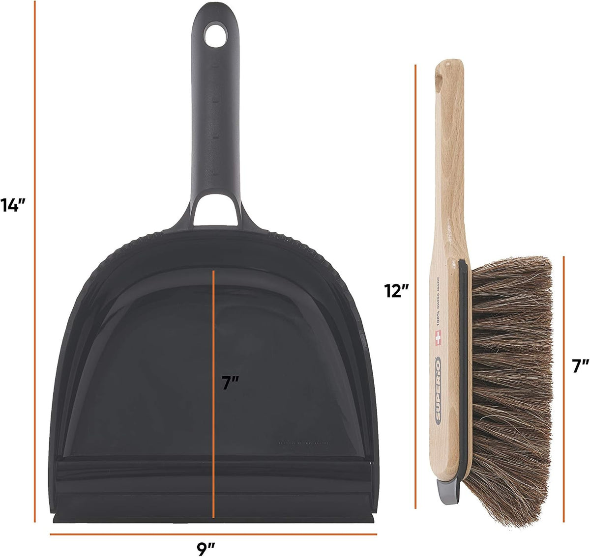 Superio Handheld Comfort Grip Dustpan and Brush Set - Hand Broom with Swiss Natural Horsehair Bristles.