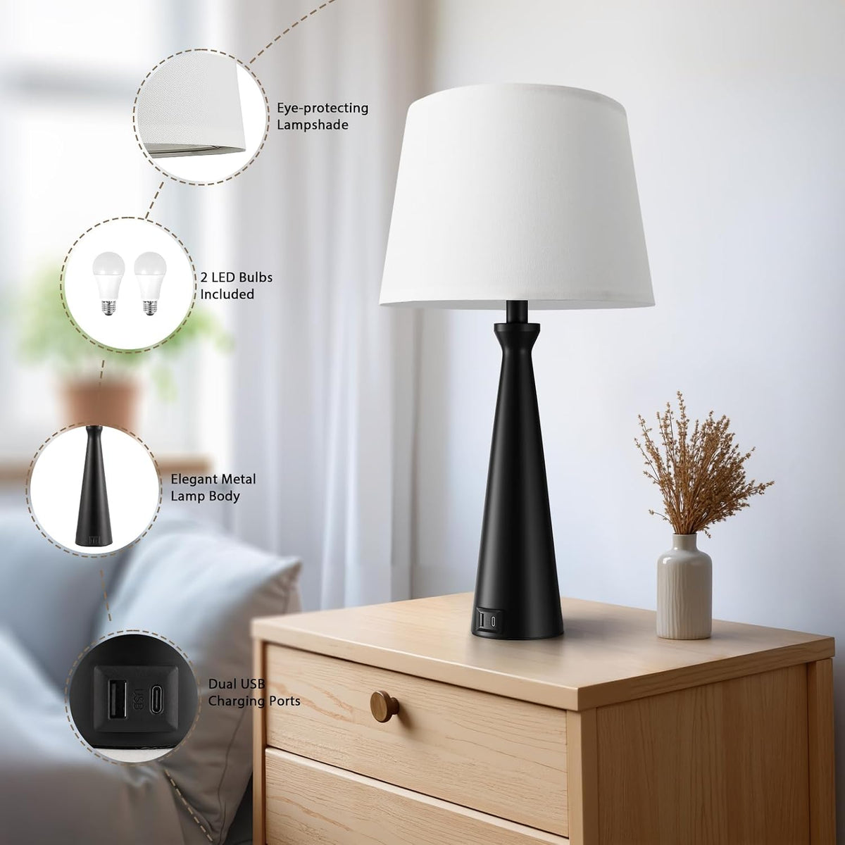 Modern Touch Lamp for Nightstand, 3 Way Dimmable Bedroom Lamp(Single)