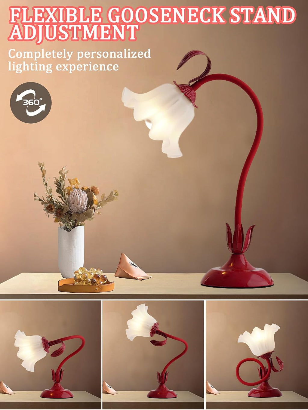 Flower Table Lamp, LED Reading Light Bedside Vintage Night Light (Red)