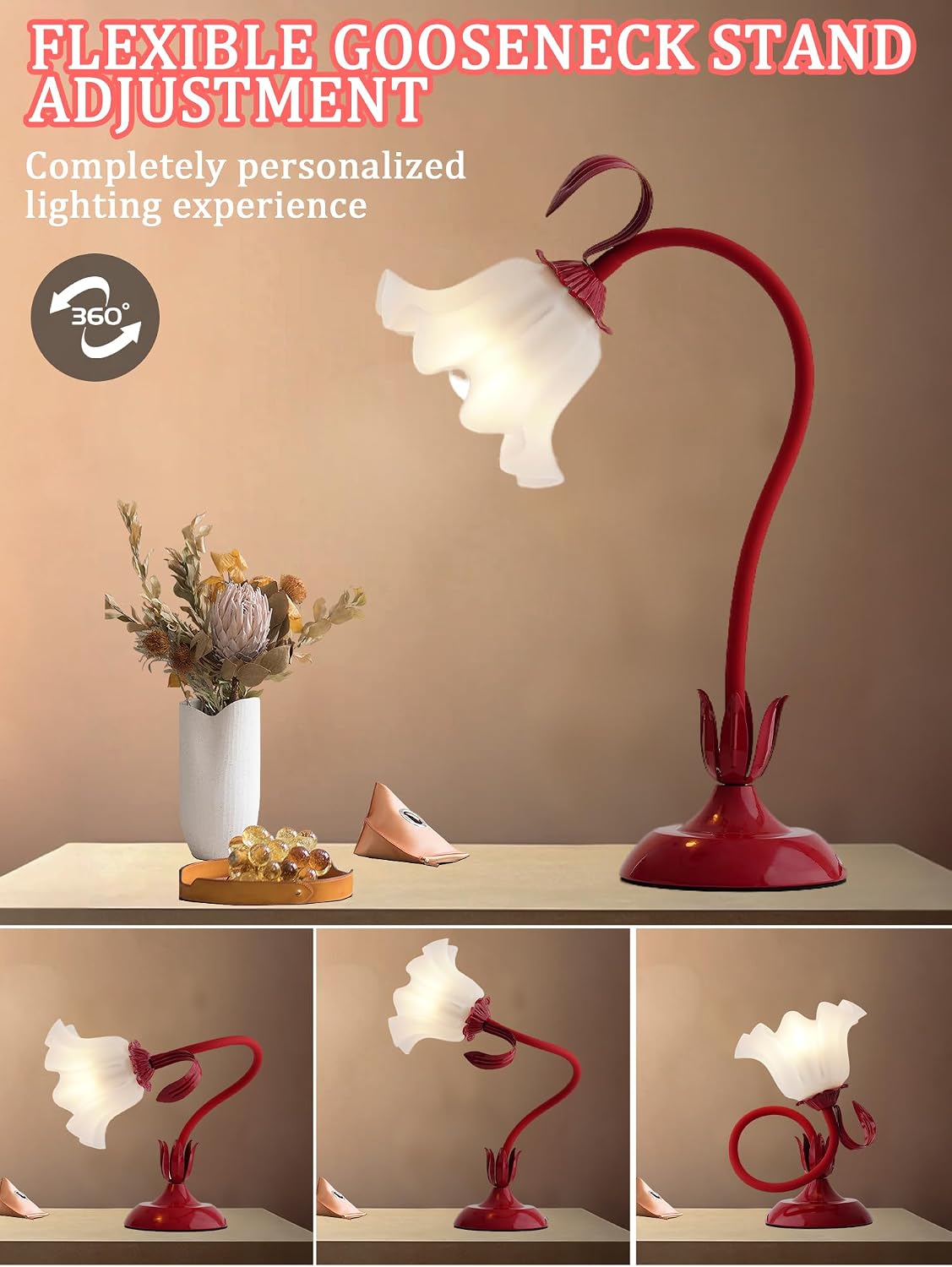 Flower Table Lamp, LED Reading Light Bedside Vintage Night Light (Red)