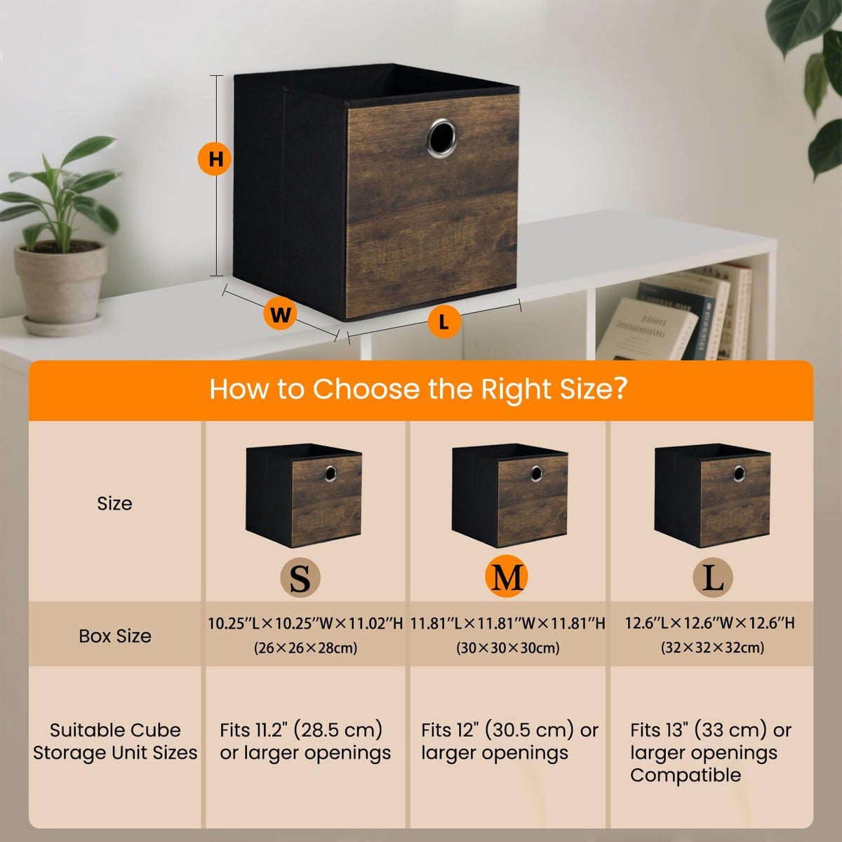 4 Pack Durable Storage Cube Bins with Decorative Wood Grain,Thickened Fabric Box,Storage Basket for Shelves,Closet,Storeroom,Bedroom,Living Room,Nursery,Office,Dorm,RV, 12x12x12in ( (Medium)