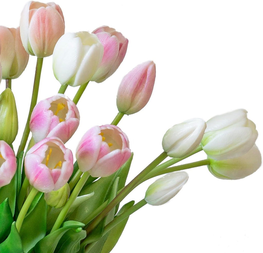 DUYONE 40pcs Artificial Tulips Flowers, Latex Bouquet,Fake Tulips for Office Wedding Party Home Kitchen Garden Decoration-B Peach Pink Set