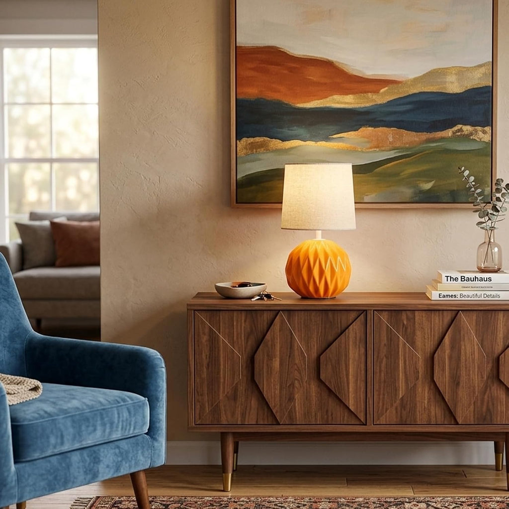 Orange Ceramic Table Lamp with Linen Shade, Small Bedside Lamp for Bedroom