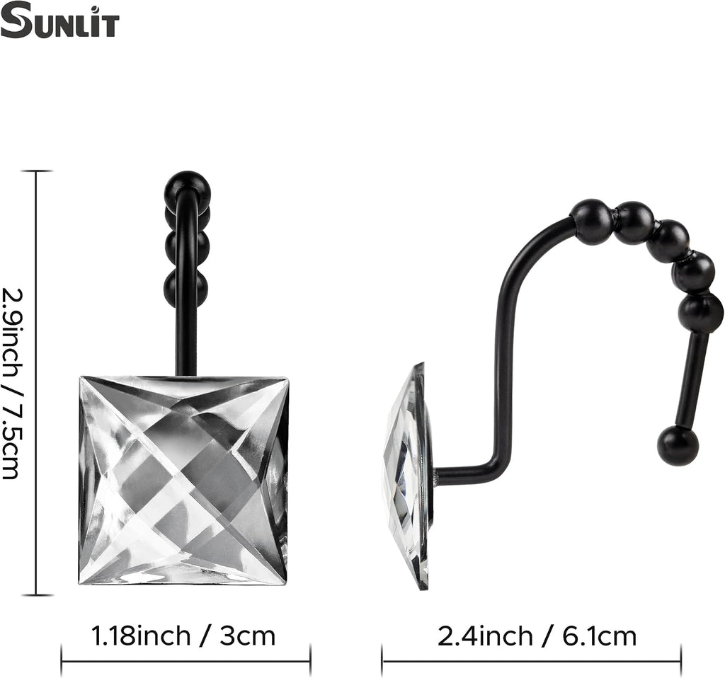 Sunlit Square Rhinestone Shower Curtain Hooks with Glide Balls, 12 Pack