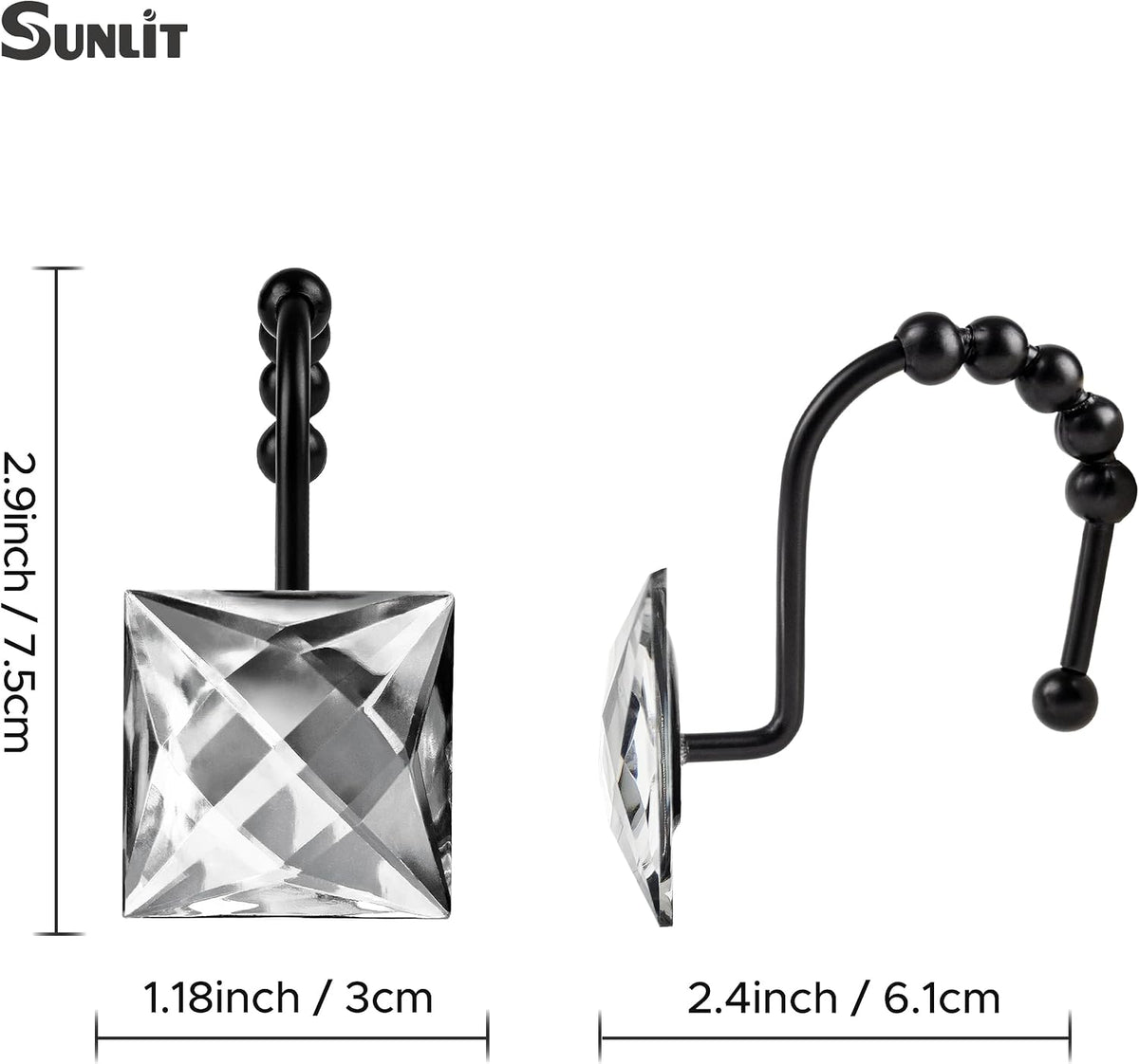 Sunlit Square Rhinestone Shower Curtain Hooks with Glide Balls, 12 Pack