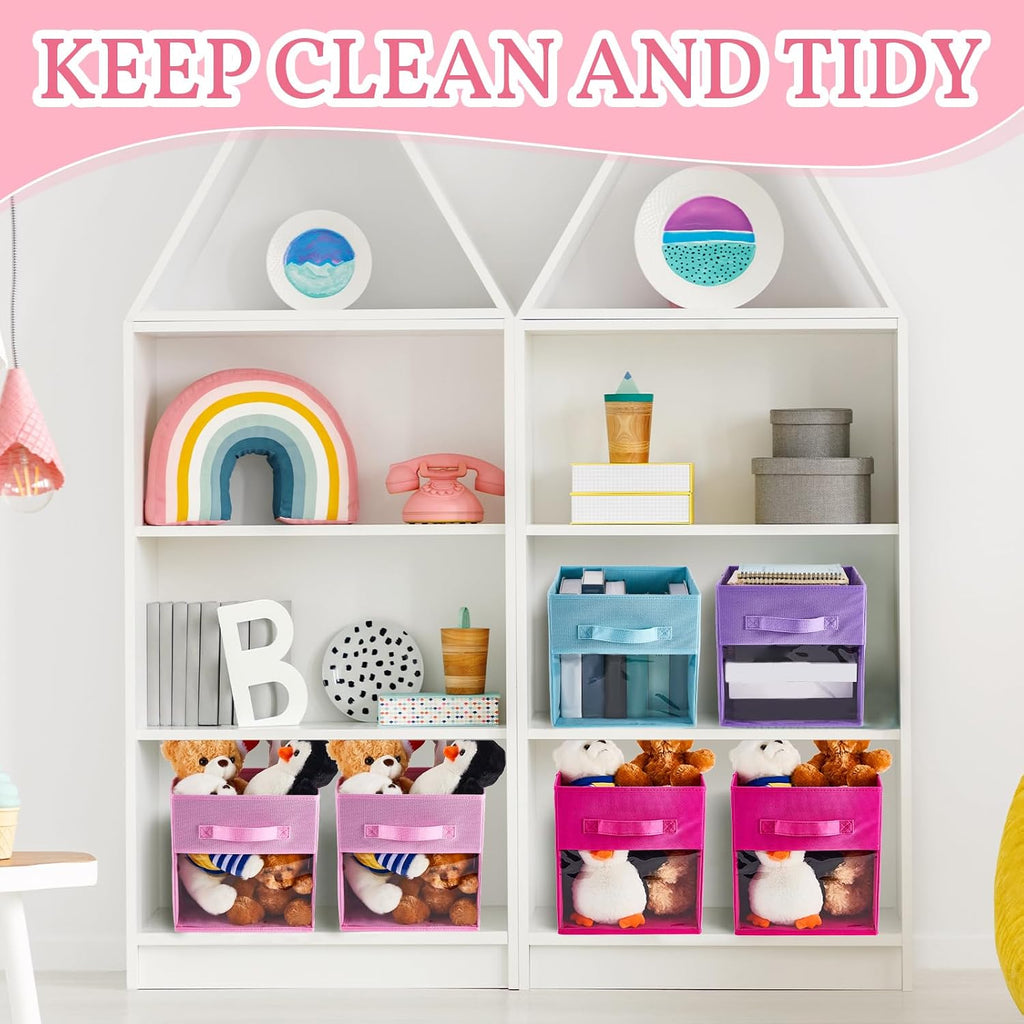Marsui 8 Pcs Cube Storage Bins with Clear Window 11'' Daycare Storage Cube Organizer Bins for Closet Kid Nursery Playroom with Handle Fabric Collapsible Storage Cubes(Blue, Purple, Rose, Pink)